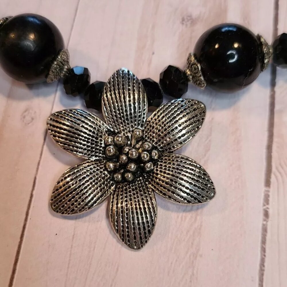 Black beaded necklace, bracelet earrings chunky bead silver tone jewelry n3 - Picture 2 of 3